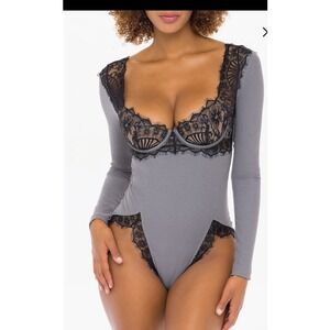 OH LA LA CHERI Grey Lace Trim Long Sleeve Ribbed Bodysuit Size M